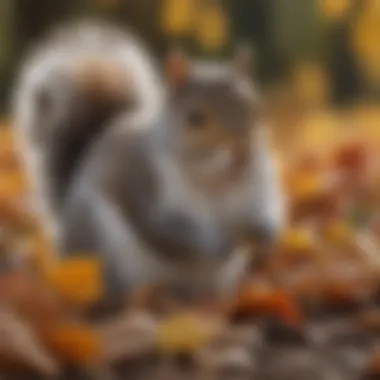 A close-up of a grey squirrel foraging for food amidst autumn leaves, illustrating its adaptive behaviors.