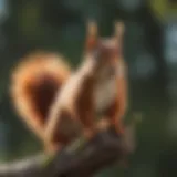 A vibrant red squirrel perched on a tree branch, showcasing its bushy tail and sharp eyes.