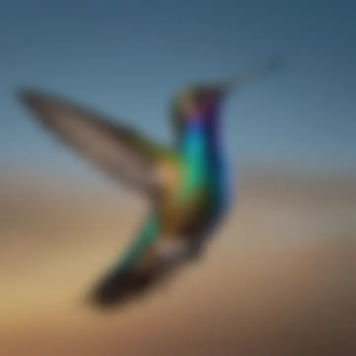 A vibrant hummingbird in mid-flight, showcasing its iridescent feathers against a clear blue sky.