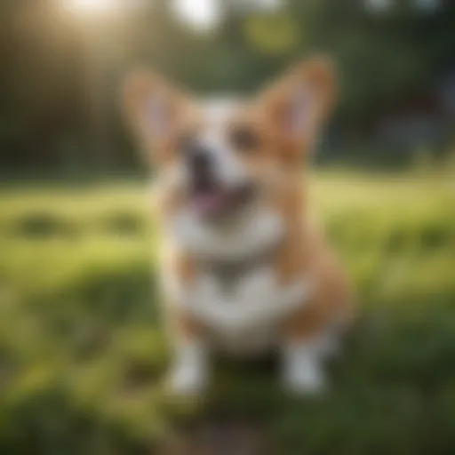 Mini Corgi sitting playfully on a grassy field