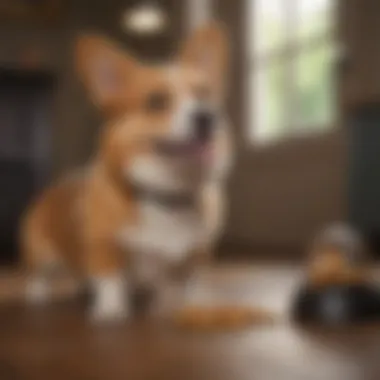 Training a Mini Corgi at Home Mini Corgi being trained with a treat in a home setting