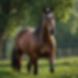 A majestic thoroughbred stallion in a lush green pasture