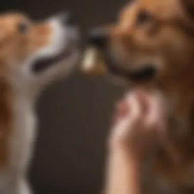 A person gently attaching a bell to a dog's collar