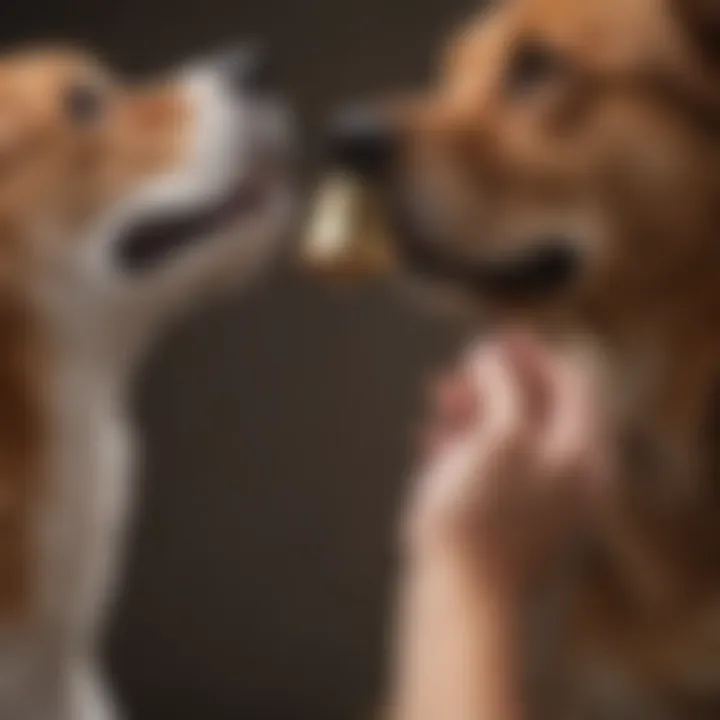 A person gently attaching a bell to a dog's collar