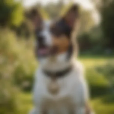 A dog wearing a collar with a bell while playing in a garden