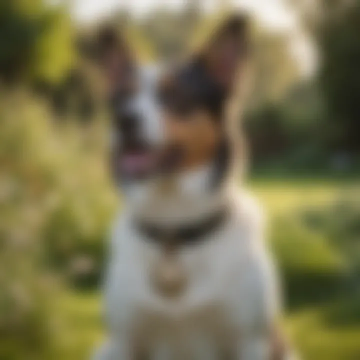 A dog wearing a collar with a bell while playing in a garden