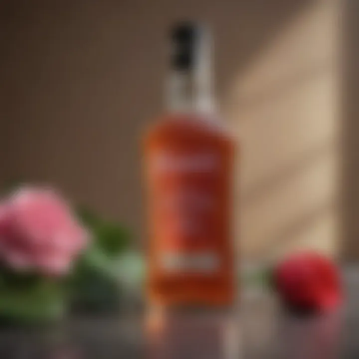 Bottle of vinegar placed beside a healthy rose plant