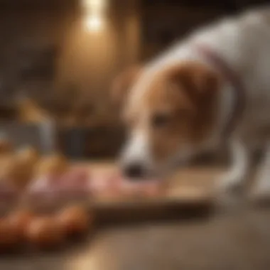 A healthy dog looking curiously at raw chicken