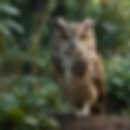 A realistic fake owl perched in a garden