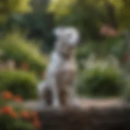 A serene garden memorial with a dog statue and flowers.