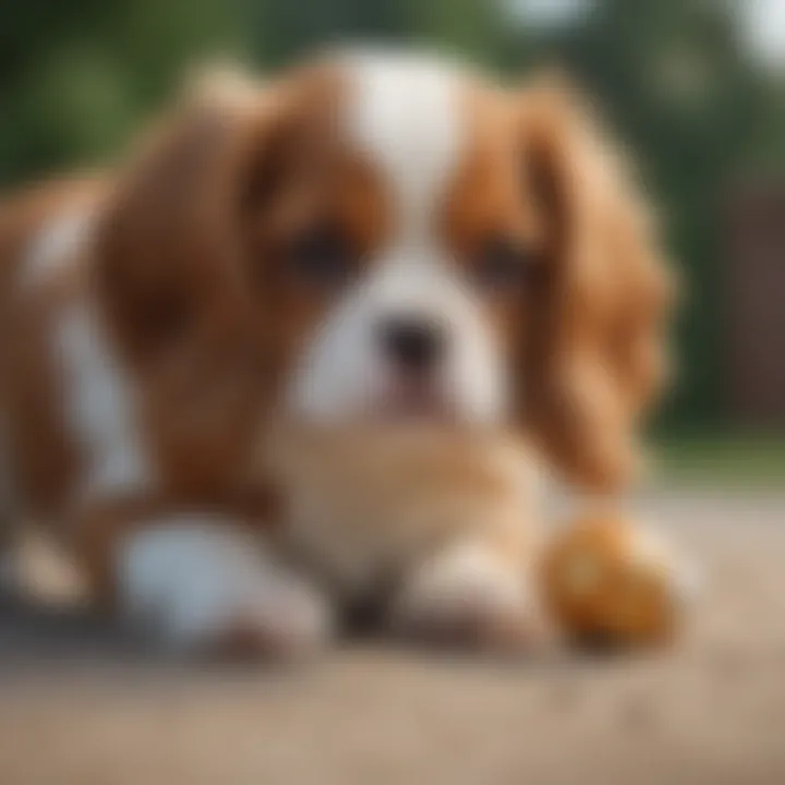 Owner guiding Cavalier King Charles Spaniel puppy with a treat