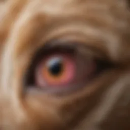 A close-up of a dog's eye showing symptoms of pink eye