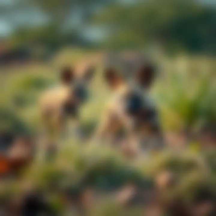 Natural Habitat of African Wild Dog Puppies A serene landscape showcasing the habitat of African wild dog puppies