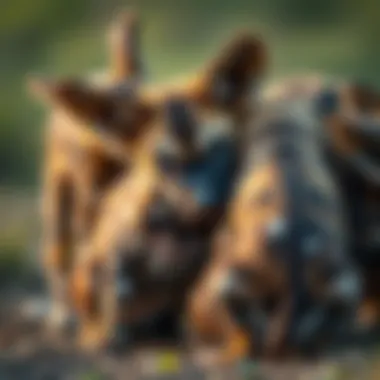 Nurturing Moment Among African Wild Dog Puppies A close-up view of African wild dog puppies during a nurturing moment