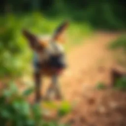 A playful African wild dog puppy exploring its environment