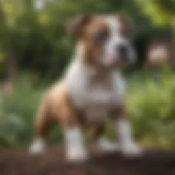 Playful American Staffordshire Terrier puppy in a garden
