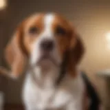 A beagle enjoying a grooming session with a brush.