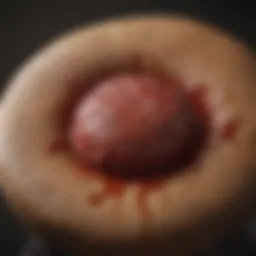 A close-up view of dog feces with visible blood