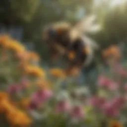 A serene garden scene with bumble bees pollinating vibrant flowers