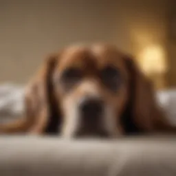 A dog lying on a bed with a concerned expression.