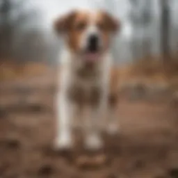 A dog scraping the ground with its paws after defecation