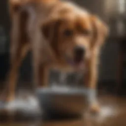 A dog energetically splashing water while drinking from a bowl