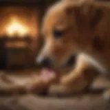 A close-up of a dog licking its paw in a cozy setting