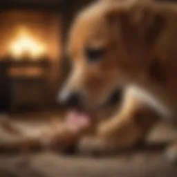 A close-up of a dog licking its paw in a cozy setting