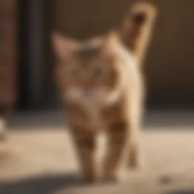 A playful scene of a cat playing, with its tail energetically twitching.
