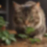A playful cat engaging with catnip leaves, showcasing its stimulating effects.