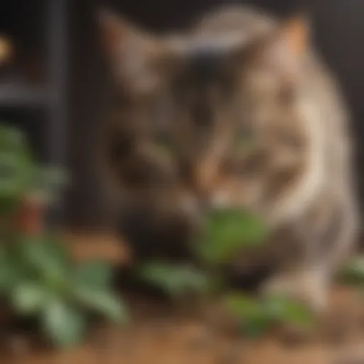 A playful cat engaging with catnip leaves, showcasing its stimulating effects.