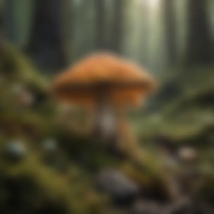 A diverse fungi ecosystem featuring various species of gilled mushrooms in their natural habitat.