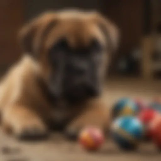 Bull Mastiff puppy playing with toys