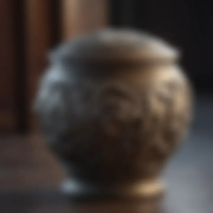 A close-up of a decorative urn designed for pet ashes.