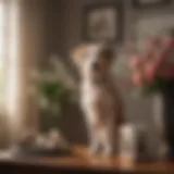 A serene pet memorial setup with flowers and a photo of a beloved dog.