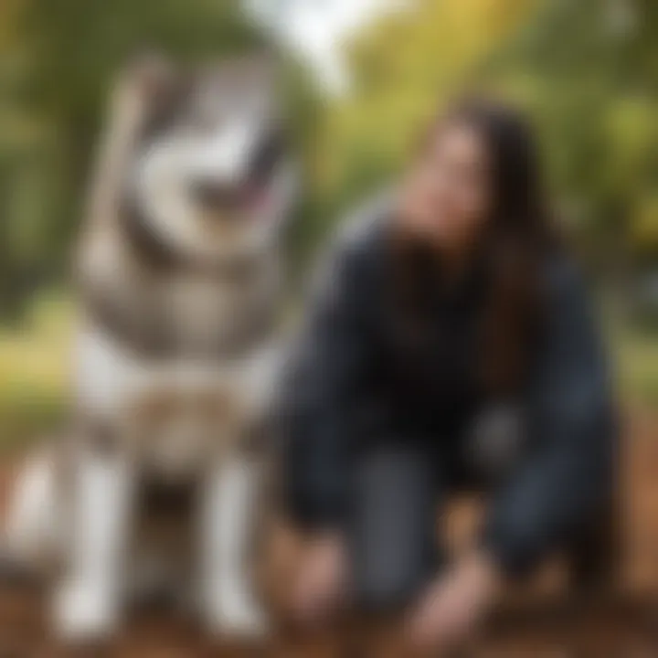 Owner training an Alaskan Malamute in a park