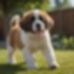Saint Bernard puppy playing in a sunny yard