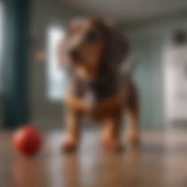 A Dapple Dachshund puppy playing with toys indoors