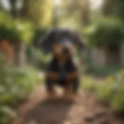 A playful Dapple Dachshund puppy in a sunny garden