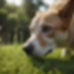 Dog sniffing grass with curiosity
