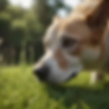 Curious Canine: Exploring the Lawn Dog sniffing grass with curiosity