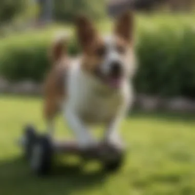 A dog exhibiting scooting behavior on grass