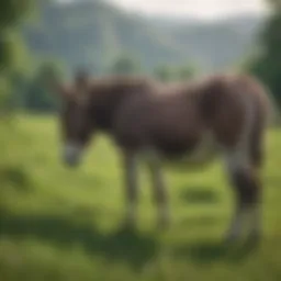 A serene donkey grazing in a lush green pasture.