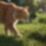 Cat grazing on grass in a sunny garden