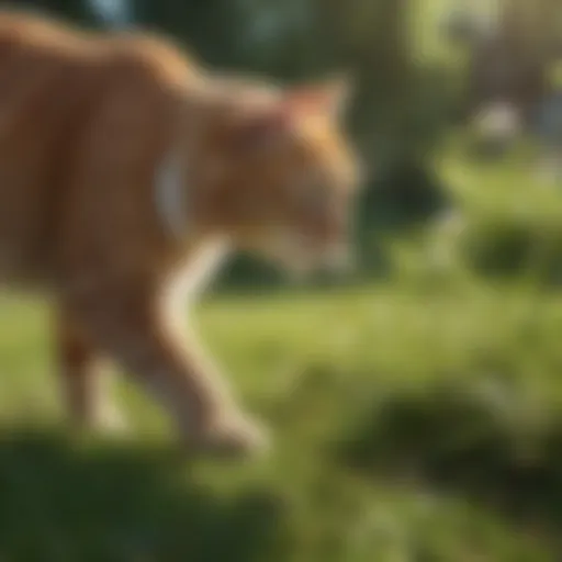 Cat grazing on grass in a sunny garden
