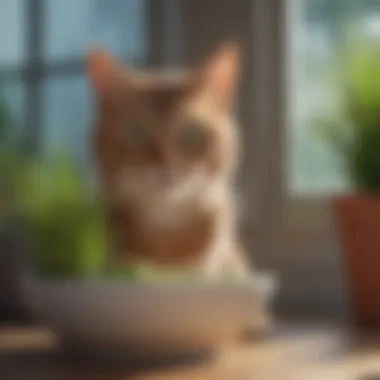 Indoor Cat and Grass Consumption Healthy cat enjoying a bowl of grass indoors
