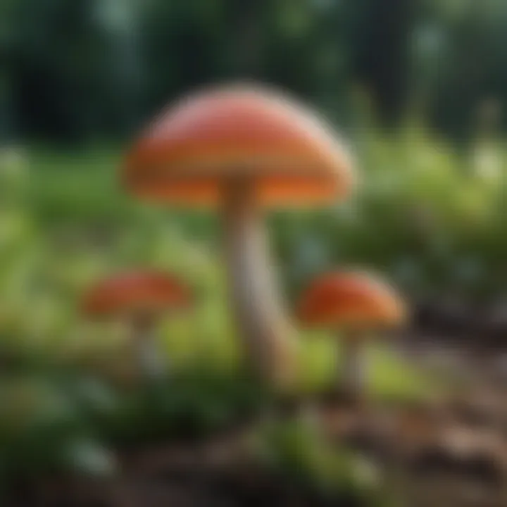 A close-up of vibrant mushrooms growing in a lush backyard