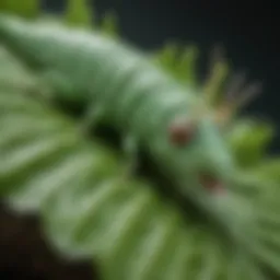 Close-up view of a hornworm on a vibrant green leaf, showcasing its distinctive features.
