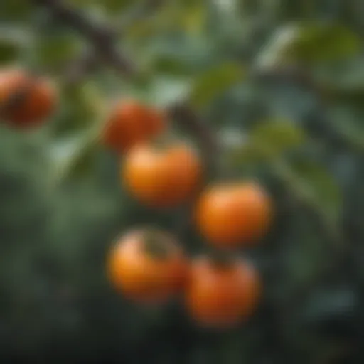 Close-up of ripe Japanese persimmons hanging on a tree branch