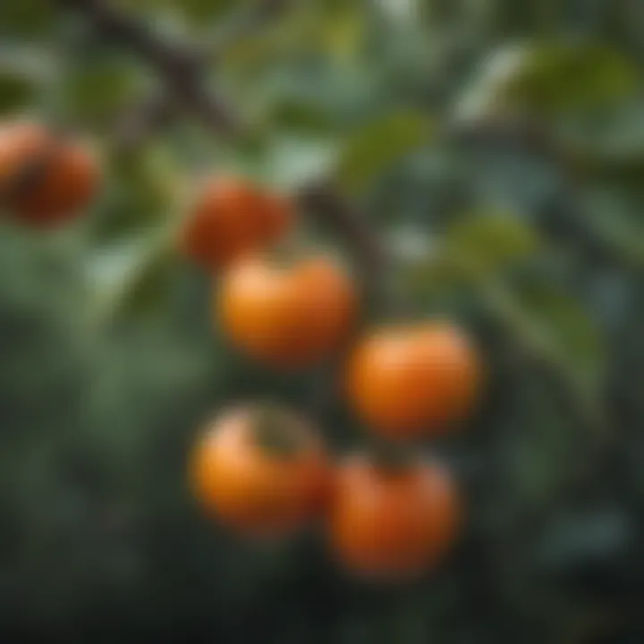 Close-up of ripe Japanese persimmons hanging on a tree branch